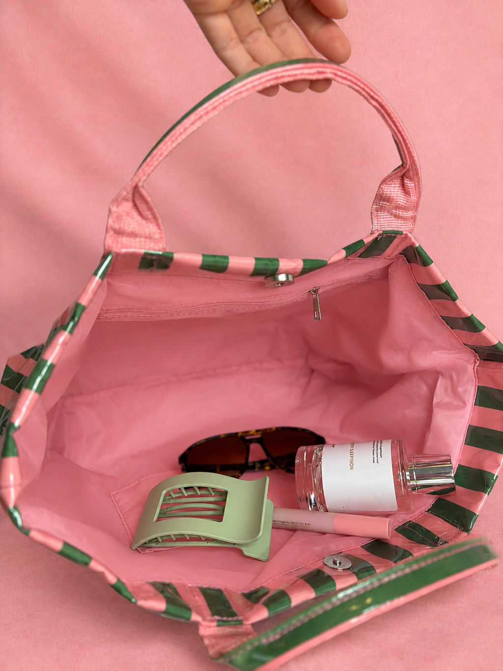 Pink/Green Stripd Vinyl Tote