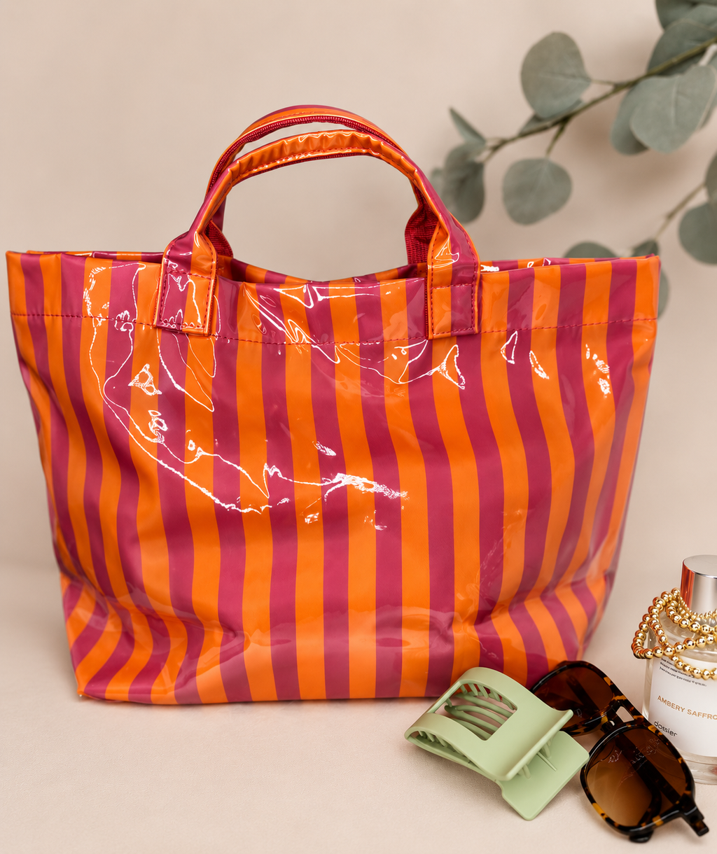 Orange/Pink Striped Vinyl Tote