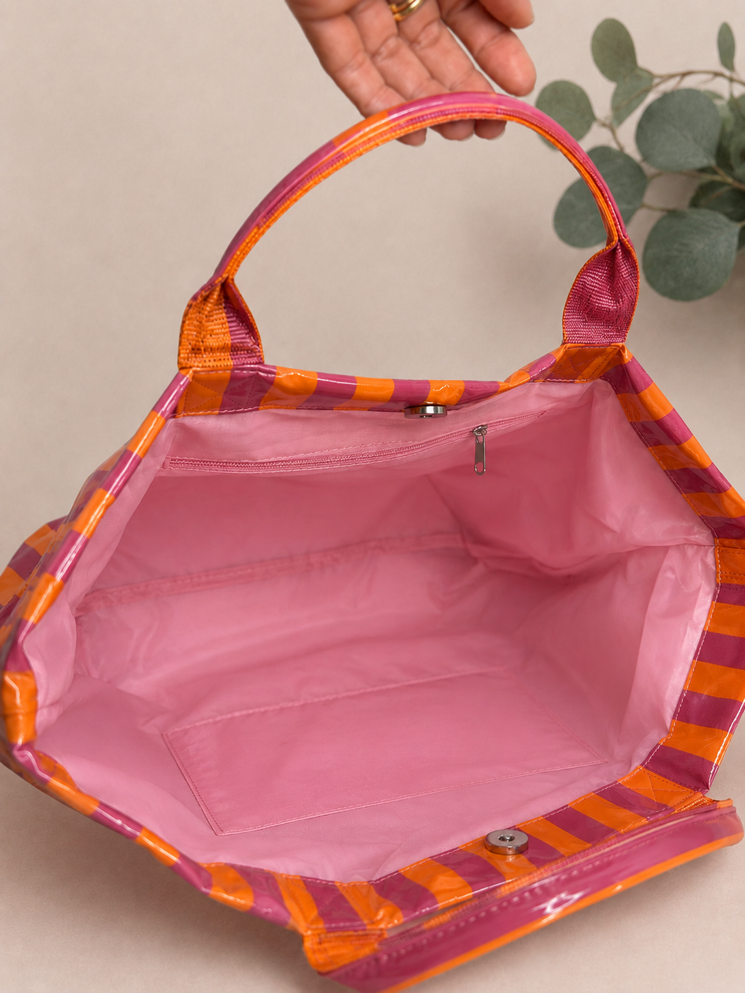Orange/Pink Striped Vinyl Tote
